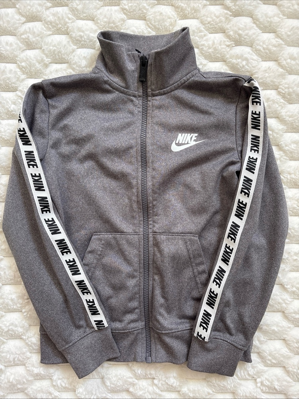 Nike Kids Full Zip Track Jacket White Logo Stripe Pockets Size 4-5 Years Gray